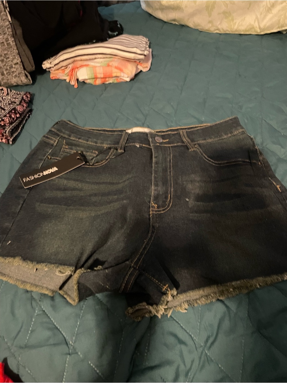 Fashion Nova Dark Blue Frayed Denim Cutoff Shorts